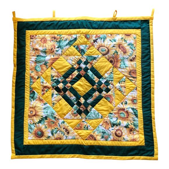 Handmade Sunflower Wall Hanging Quilt Yellow Green Square Patchwork - Picture 1 of 13